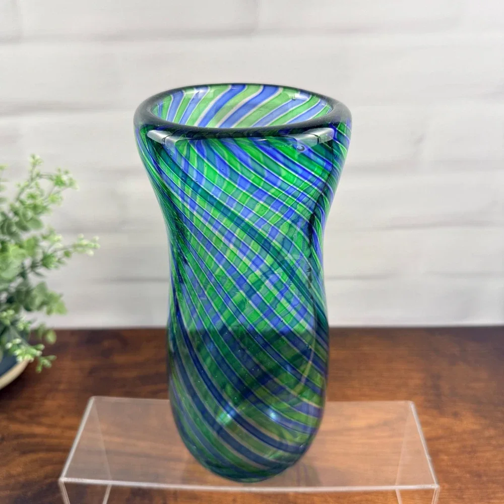 Italian Art Glass Vase Blue Green Striped Blown Glass Murano Mid Century